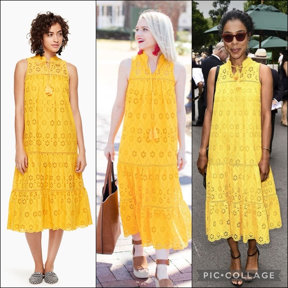 crown & ivy Dresses & Skirts - Crown & Ivy Yellow Crochet Eyelet Lace Pom Pom Tie Midi Dress